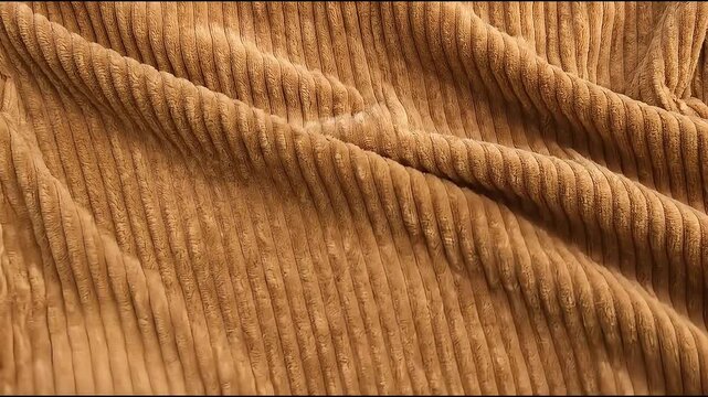 Close up footage of wavy brown corduroy fabric texture with soft vertical ridges