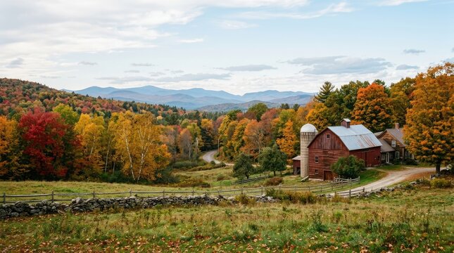 A picturesque farm scene unfolds in a valley during autumn. A weathered red barn stands prominently in the center, surrounded by lush green fields and a stone wall.