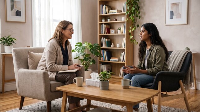 Professional women discussing in cozy modern living room.
