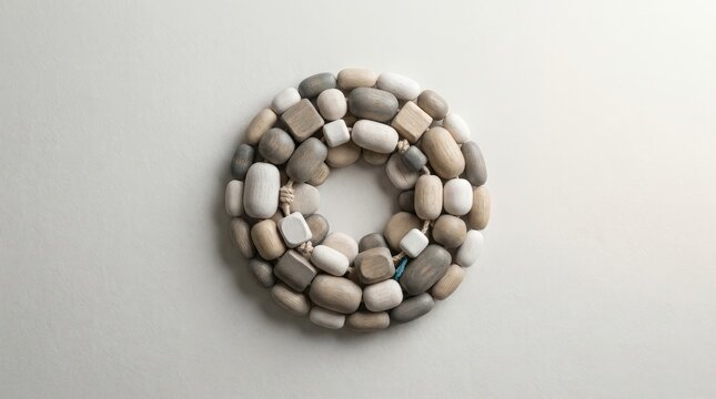 A circular wreath is constructed from smooth, gray stones. The stones are arranged in a ring, with a small piece of rope in the center.