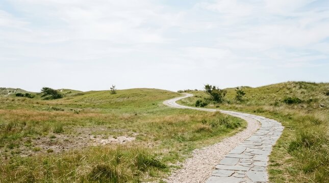 A winding stone path curves through a grassy, undulating landscape. The path leads towards a distant horizon under a bright, cloudy sky.