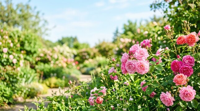 A vibrant garden overflows with pink and coral roses. The roses are densely clustered, creating a beautiful display of color and texture.