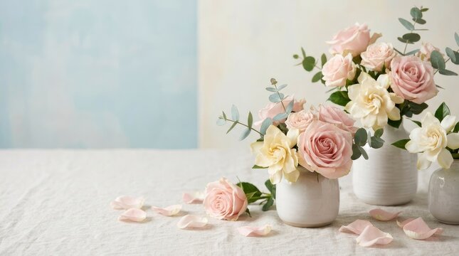 A delicate floral arrangement sits on a textured linen tablecloth. Several blush pink and cream roses and white lilies are arranged in small, rustic ceramic vases.
