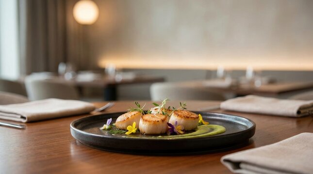 A dark gray plate displays three seared scallops arranged on a vibrant green puree. Fresh herbs and delicate yellow flowers garnish the dish.