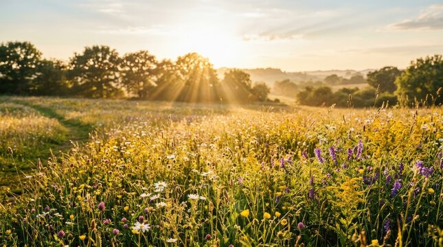 The sun rises over a vibrant wildflower meadow. Golden rays of light stream through the trees, illuminating the colorful blooms.
