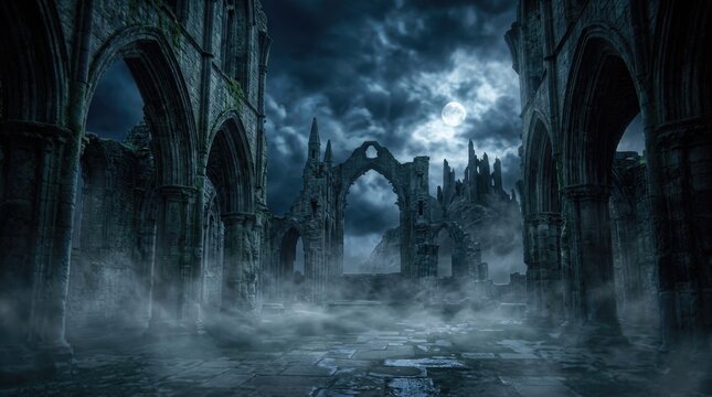 A dark, atmospheric image depicts a ruined gothic abbey under a full moon. Thick fog swirls around the crumbling stone arches and walls, creating an eerie and desolate atmosphere.