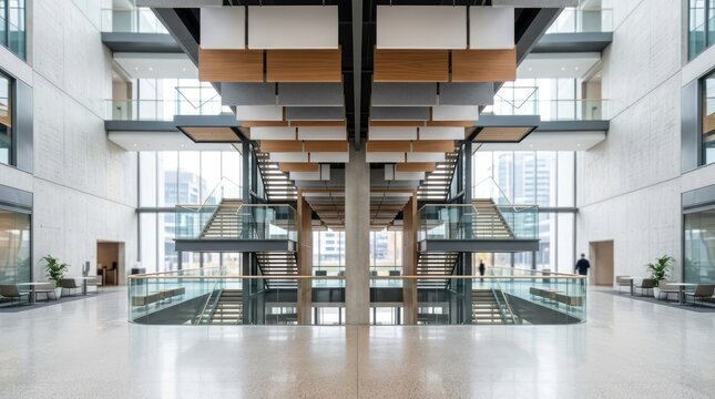A wide-angle photograph captures a bright, airy, and modern office lobby. A grand double-height atrium features a striking central staircase with glass railings.