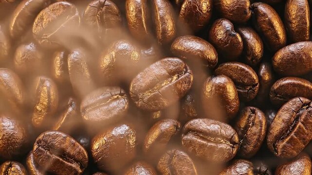 Macro video clip of aromatic roasted coffee beans with hot steam rising.
