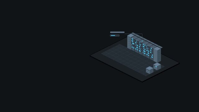 Animated server racks row blinking slowly built as a minimal isometric vector scene in blue and azure on a dark background. Smooth 4K seamless loop with empty label tags and room for your own captions
