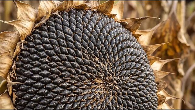 Macro footage of mature sunflower head filled with black seeds in an autumn field.