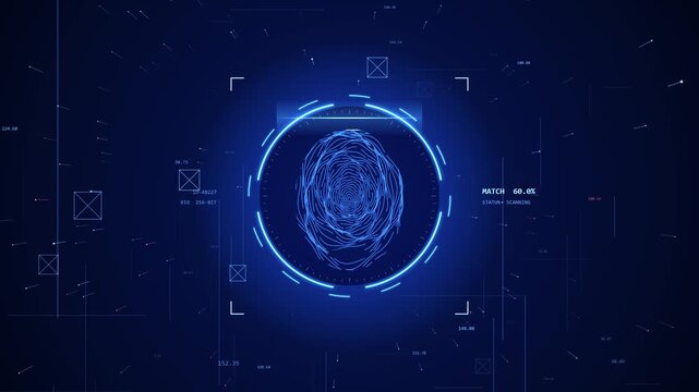 Digital fingerprint scan in progress, futuristic interface with glowing blue biometric data, security and identity verification concept