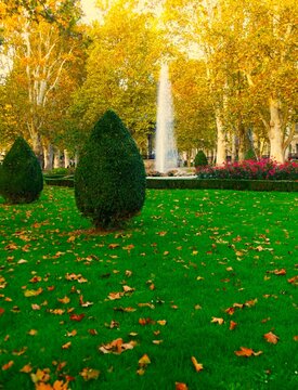 City park with flower, trees and fountain in autumn season with promenade, and colorful landscape, Zagreb, Croatia