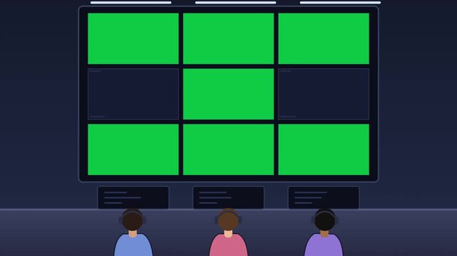 Operators sitting at workstations, monitoring a large matrix video wall progressively filling with green screen chroma key displays in a dark modern command center