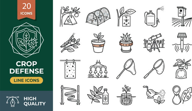 Crop defense icon set. Containing pheromone trap, garden netting, sticky trap, garden sprayer, owl box, and more. Vector illustration
