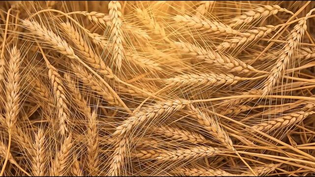 Footage of golden dried wheat ears lying together in a harvested field background.