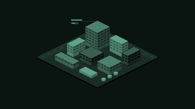 Animated city block growing up gradually built as a minimal isometric vector scene in green and emerald on a dark background. Smooth 4K seamless loop with empty label tags and room for your own captio