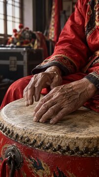 Wrinkled hands tap worn drumhead beside red embroidered sleeves, with metal studs and painted drum shell visible in close-up inside dim room lit by daylight through tall windows