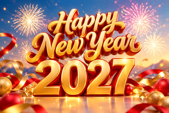 Happy New Year 2027 3D Typography, Three-Dimensional Text Greeting Design for New Year Celebration