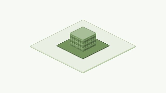 Animated isometric tower layers appearing sequentially built as a minimal isometric vector scene in green and emerald on a light background. Smooth 4K seamless loop with empty label tags and room for 