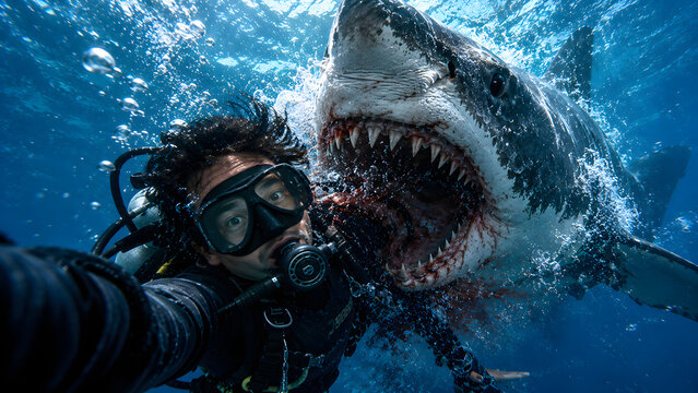 Scuba Diver Taking a Selfie with a Great White Shark Underwater, Extreme Ocean Adventure, Shark Encounter, Underwater Photography, Marine Wildlife, Diving Tourism and Thrilling Aquatic Experience