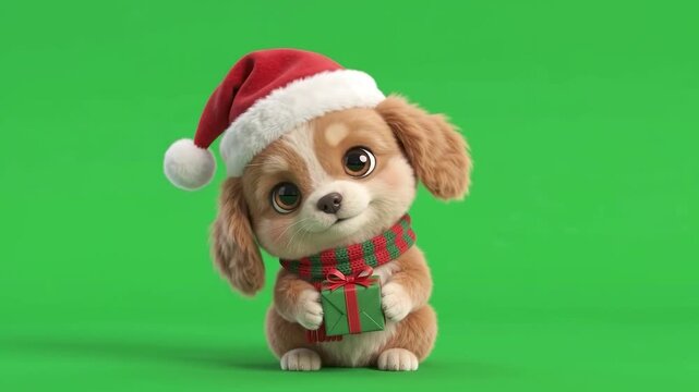 Festive 3D Spaniel Puppy Character Holding Christmas Gift Box on Green Screen