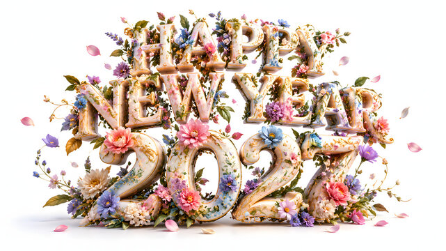 Happy New Year 2027 Floral 3D Typography