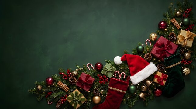 A festive christmas scene with ornaments presents and a santa hat