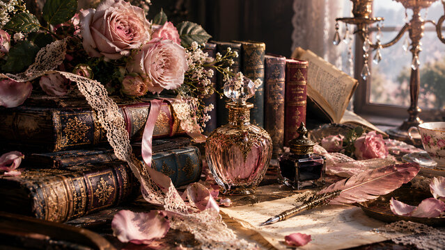 Romantic Academia Still Life with Victorian Antique Books, Pink Roses, Elegant Glass Perfume Bottle, Silk and Lace Ribbons, Ink and Feather Quill, Vintage Literary Aesthetic
