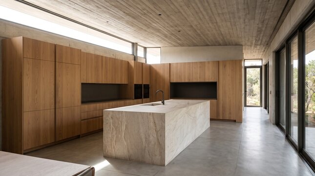 Luxury kitchen clerestory interior, South Africa contemporary residential design, Stone island beneath high daylight glazing, Timber cabinets and exposed concrete ceiling