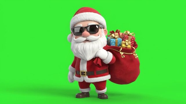 Modern 3D Santa Claus Carrying Gift Sack with Sunglasses for Holiday Commercial Compositing