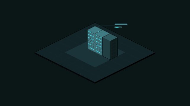 Seamless 4K looping isometric animation: server rack single detail closeup. Clean flat vector scene on a dark background in teal and cyan, with blank callout tags and plenty of copy space for your own