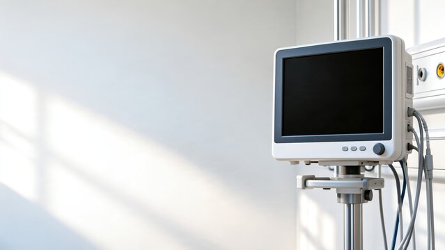 Medical patient monitor on a stand in a bright hospital room