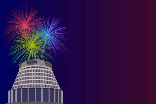 Wellington New Zealand public holiday background with fireworks over Beehive Parliament building
