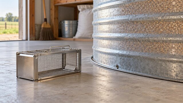 Metal live capture mousetrap on concrete floor in farm garage