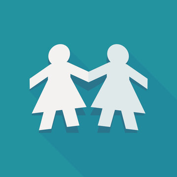 Flat design vector illustration of two paper cut women holding hands, symbolizing lesbian couple partnership, love, and unity