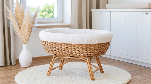 Modern wicker baby bassinet on a fluffy white rug