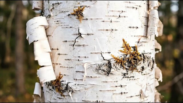 Close up footage of white birch tree bark texture with peeling skin in an autumn forest