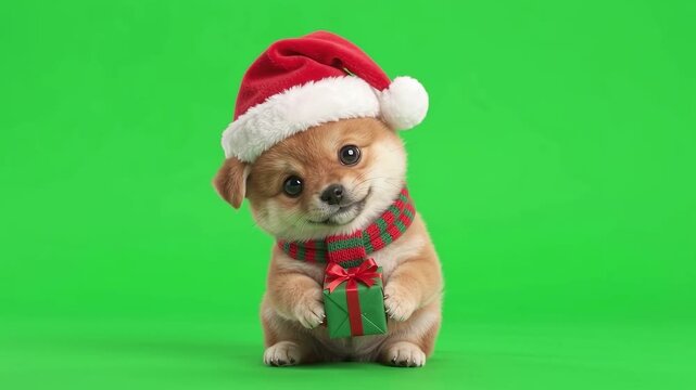 Festive 3D Animated Shiba Inu Puppy with Santa Hat and Christmas Gift on Green Screen