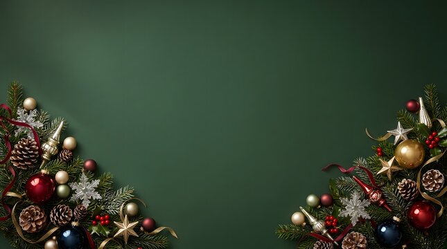 A festive and elegant christmas background with ornaments lights and a dark green hue