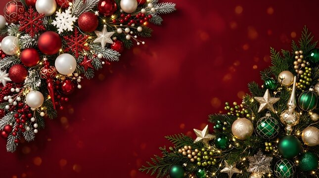 A festive and joyful christmas scene with ornaments lights and a rich red backdrop