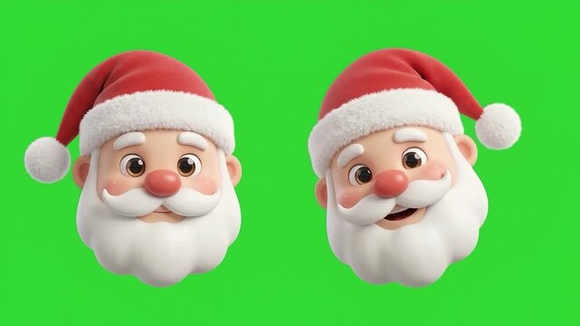Smiling 3D Cartoon Santa Claus Heads on Green Screen Chroma Key