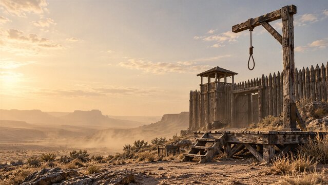 Old wooden gallows and prison fort in a desert landscape