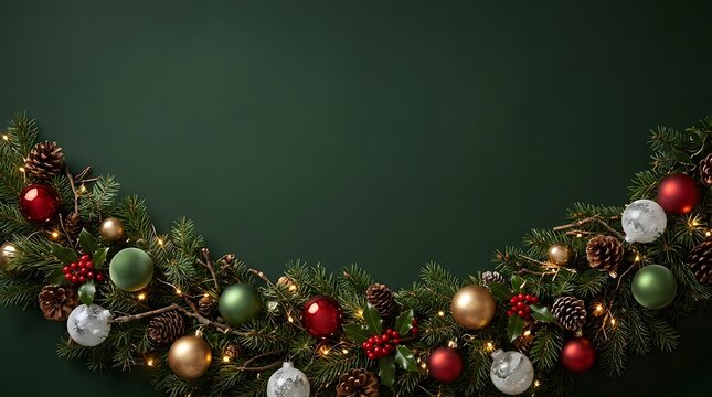 A festive and elegant christmas scene with ornaments and a dark green backdrop