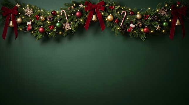 A festive and joyful christmas garland background with traditional holiday decorations and warm lighting