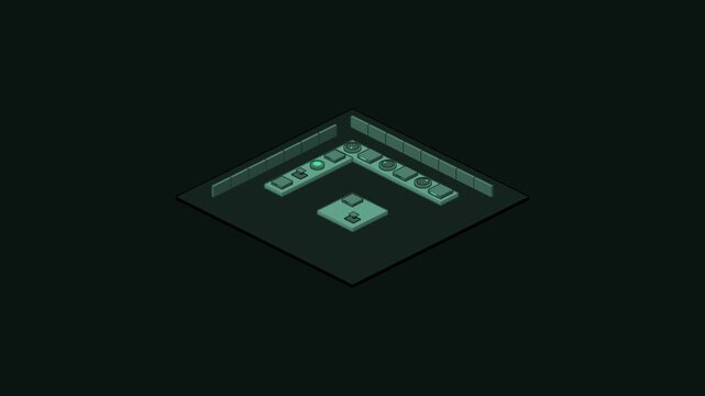 Animated lab with analysis instruments spinning built as a minimal isometric vector scene in green and emerald on a dark background. Smooth 4K seamless loop with empty label tags and room for your own