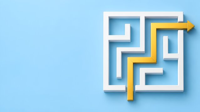 Golden arrow successfully navigating through complex white maze on light blue background representing problem solving and strategic solution