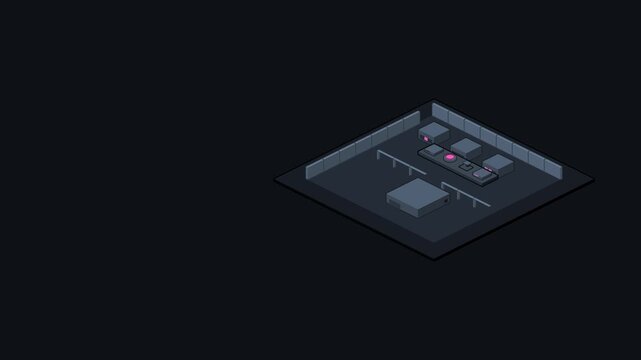 Seamless 4K looping isometric animation: clean room isometric view blinking. Clean flat vector scene on a dark background in blue and azure, with blank callout tags and plenty of copy space for your o