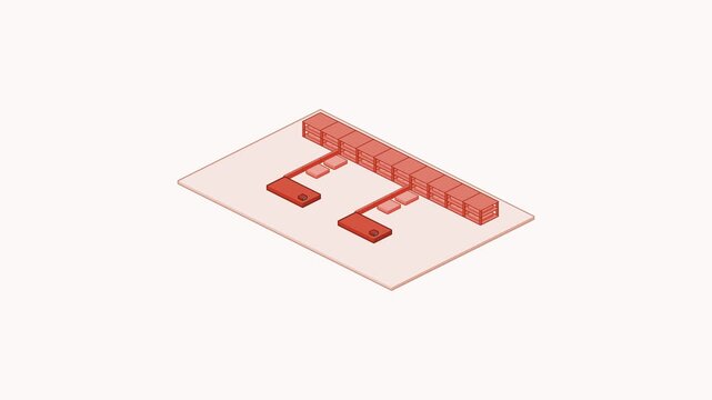 Animated store checkout queue isometric moving built as a minimal isometric vector scene in red and magenta on a light background. Smooth 4K seamless loop with empty label tags and room for your own c