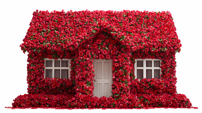 Small house wrapped in vibrant red roses featuring a central entrance.