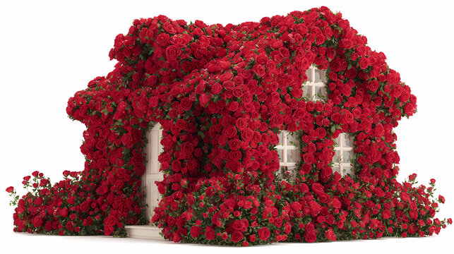 Cottage covered completely in red rose blossoms viewed from an angle.